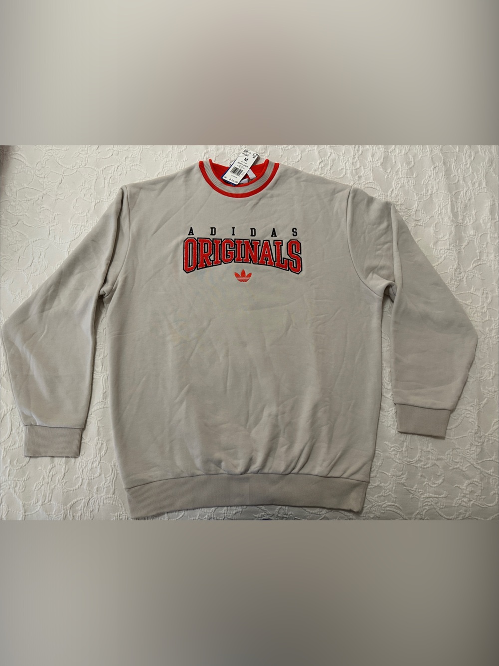adidas Beige Varsity Crewneck Sweatshirt with Orange Logo and Trim